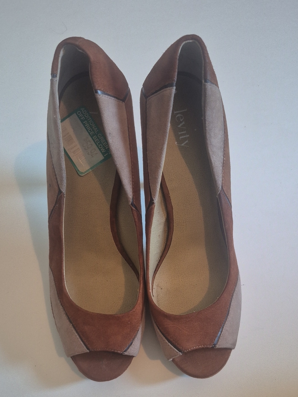 levity Two-Tone Peep Toe Pumps in Brown and Tan